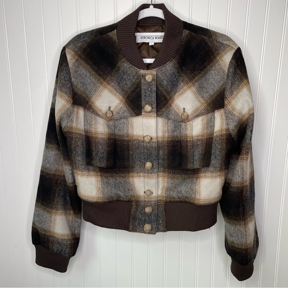 Veronica Beard Stanley Bomber Jacket in Multi Color Plaid Size 10 Elbow Patches